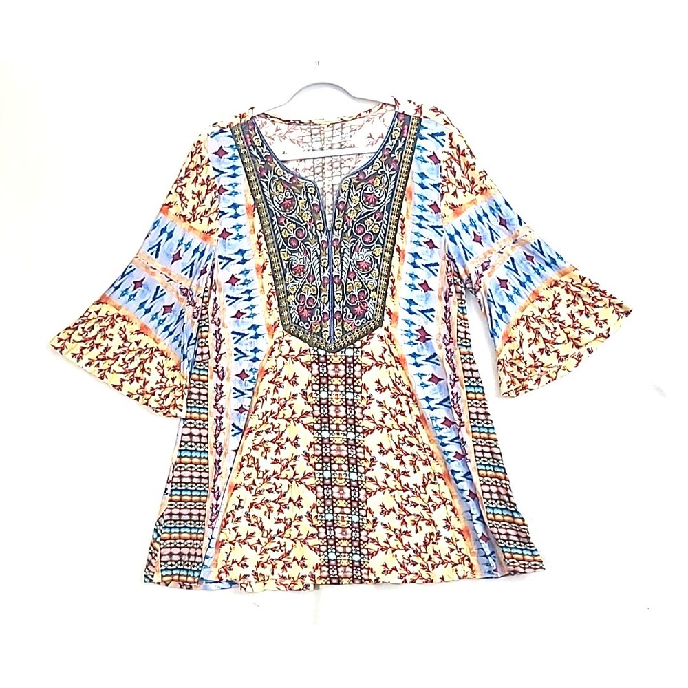Bell Sleeve Long Tunic Top Jersey Embroidered Yoke Sz L Soft Surroundings‎